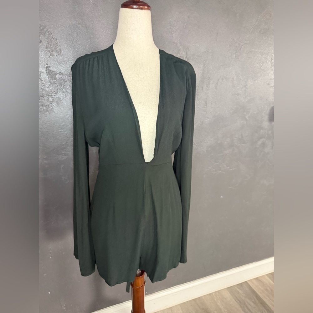 Deep Green Long Sleeve Plunging Romper forever 21